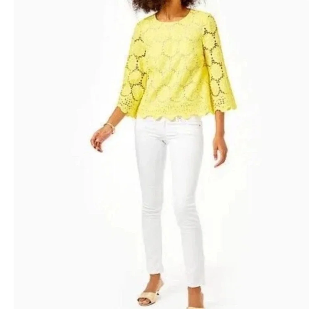 Lilly Pulitzer Yellow Eyelet Lace Blouse 3/4 Sleeve Scalloped Top Mariella XL - Picture 5 of 10